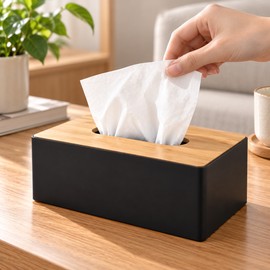Modern Tissue Box Holder for Home & Office – Black Rectangular Case with Natural Bamboo Lid for Stylish Tabletop Organization