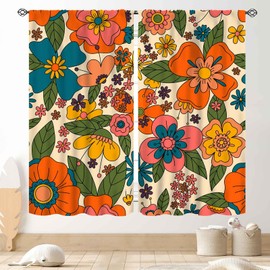 Funky - Cortinas florales modernas, retro clásico de los años 60 y 70 años, hippie, surcos, diseño bohemio, diseño de flores florales trippy, cortinas de ventana para cocina, recámara, sala de estar,