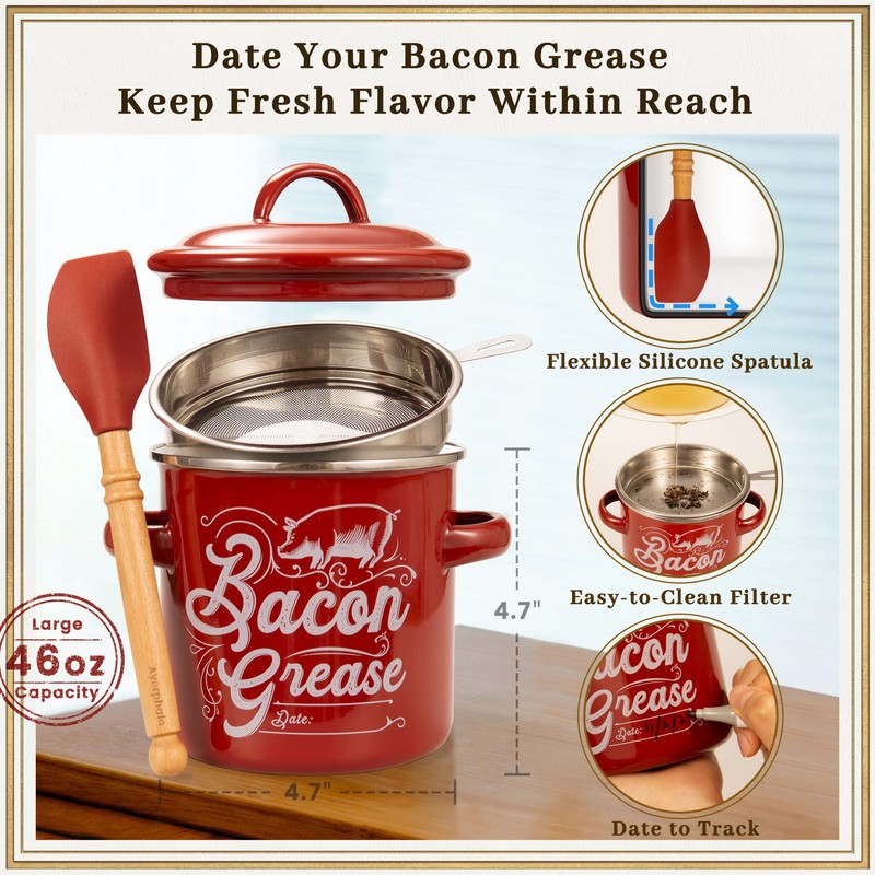 Ayerphalo Bacon Grease Container with Strainer - 46OZ Large Capacity,
