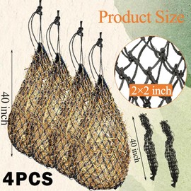 GBACHOOSE 4PCS Slow Feed Hay Nets for Horses, 40 in Hanging Hay Feeder for Horses, Small 2 x 2 in Holes Hay Bags for Horses for Trailer and Stall
