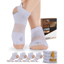 Doctor's Select Copper Ankle Compression Socks for Women and Men - 4 Pairs | Short Plantar Fasciitis Socks | White