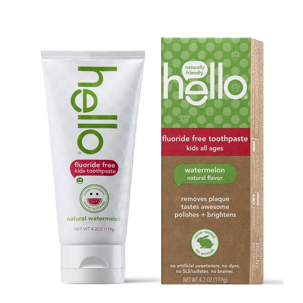 Hello Natural Watermelon Flavor Kids Fluoride Free Toothpaste, Vegan, SLS Free, Gluten Free, Safe to Swallow for Baby and Toddlers, 4.2 Ounce
