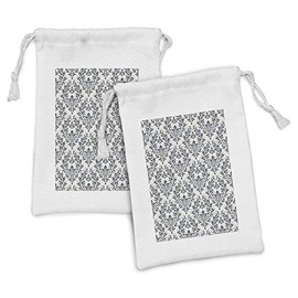 Ambesonne Victorian Fabric Pouch Set of 2, Floral Ornament Damask Flourishes Classics Silhouette Symbolic Artwork, Small Drawstring Bag for Toiletries Masks and Favors, 9" x 6", Beige Grey