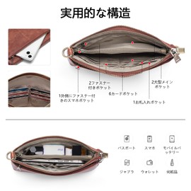 LEEXTON Women's Shoulder Bag, Genuine Leather, Large Capacity, Lightweight, External Storage, Receipt, Card, Smartphone Holder, Bill Compartment, Coin Purse, Adjustable Length, Zipper, Business Work,