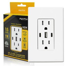 6.0A USB Outlet, 3-Port 30W Wall Outlets with 2 Type C & 1 Type A, 15 Amp Receptacle Plug, Tamper Resistant Receptacle, Screwless Wall Plate UC2A1-15A6ASP, ETL Listed, White, 1 Pack