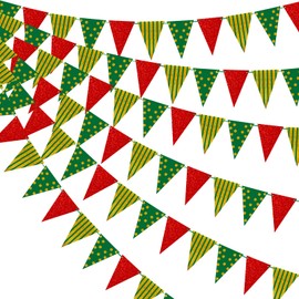 Red Green Gold Christmas Party Decorations, Hanging Glitter Paper Triangle Flags for Birthday Party Decorations Patrick's Day Graduation Christmas Wedding Birthday Baby Bridal Shower 33Ft