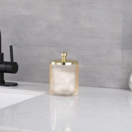 Indecor Home Glass Jar with Metal Lid for Bathroom Organization - Ideal for QTips, Cotton Balls, and More, Tan/Gold