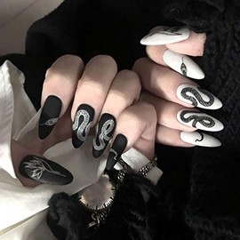 MISUD 24pcs Matte Fake Nails Medium Almond Acrylic Nails Art Punk False Nails for Party and Home DIY (Black & White)