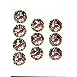 PineCar RACE CAR WITH FLAGS LOT OF 10 FULL COLOR MYLAR STICKERS SELF ADHESIVE BACKS