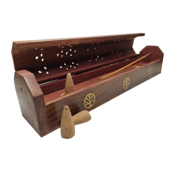 Aromasenses Tree of Life Incense Holder, Carved Wood, Ash Container,