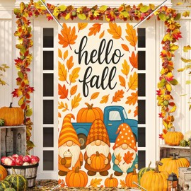 BlissYard Hello Fall Door Cover Thanksgiving Backdrop Gnome Pumpkin Blue Truck 71x35 Inch Autumn Banner for Porch Party Decorations Wall Decor Photo Booth Props