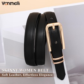 VONMELLI Women Skinny Leather Belt Thin Waist Black Belt for Women Jeans Dress Fashion Ladies Belt with Gold Buckle, M