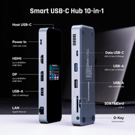 DOCKCASE Smart USB C Hub 10 in 1, Dual 4K@60Hz Display Laptop Dock, PD 3.0 100w, RJ45 Ethernet, 2 USB 3.2 10Gbps, 2 USB 2.0, UHS-II SD/TF Card Reader, USB C Dock for MacBook Pro/Air, Dell XPS - Grey