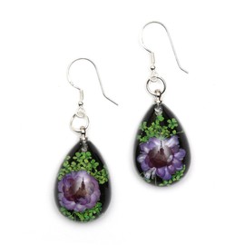 Idin Handmade Earrings - Purple pressed flower in black resin teardrop dangle earrings handmade with real flower - sterling silver ear wire (length: 4.8 cm, pendant 1.6 x 2.3 cm)