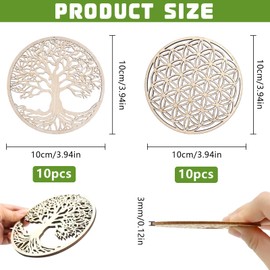 XSHAO® Flower of Life Coasters, Tree of Life Coasters, Wooden Tea Coasters, Pack of 20, 10 x 10 cm for Meditation, Home, Decoration, Dining Room