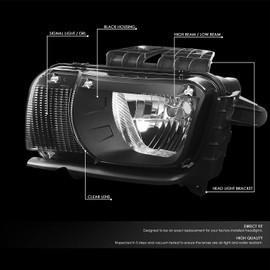 DNA MOTORING HL-CCAM10-BK-CL1 Pair of Black Clear Lens Headlights Compatible with 2010-2013 Camaro Halogen Type, Left & Right Side