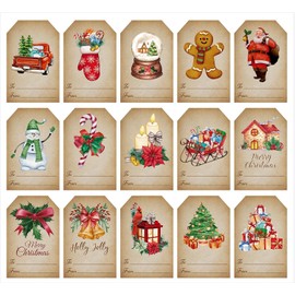 W1cwey 150pcs Christmas Watercolor Vintage Gift Tag Sticker, 15 Design Cute Christmas Theme Self Adhesive Label Gift Set Santa Claus Gingerbread Snowman Xmas Element Gift Label Sticker Present Decor