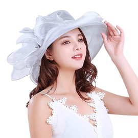 Women Organza Church Hat Elegant Summer Wide Brim Hat Wedding Party Cap Travel Mesh Hat Vintage Flower Gauze Sun Beach Cap Protection Cap Tea Party Fascinator Hat Grey