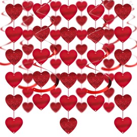 Gibocot 27 Pack Valentine's Day Hanging Decors Glitter Love Heart Garlands Red Hanging Swirls Streamers for Valentines Anniversary Wedding Bridal Shower Bachelorette Party Ceiling Decorations