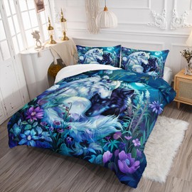Nttopship Wolf Print Comforter Set Twin Size,White and Black Wolf in Flowers Bedding Set, Night Sky Forest Animals Printed Quilted Set for Girls Boys Adult,with 1 Comforter and 2 Pillow Case