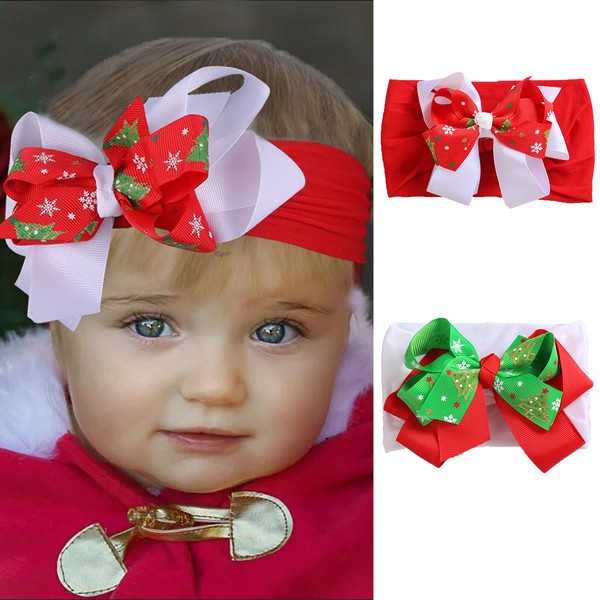 Fashband Christmas Baby Girl Nylon Headbands White Bowknot Elastic Hair Bands Soft Cute Headwear for Newborn Infant Toddlers and Children (Pack of 2)