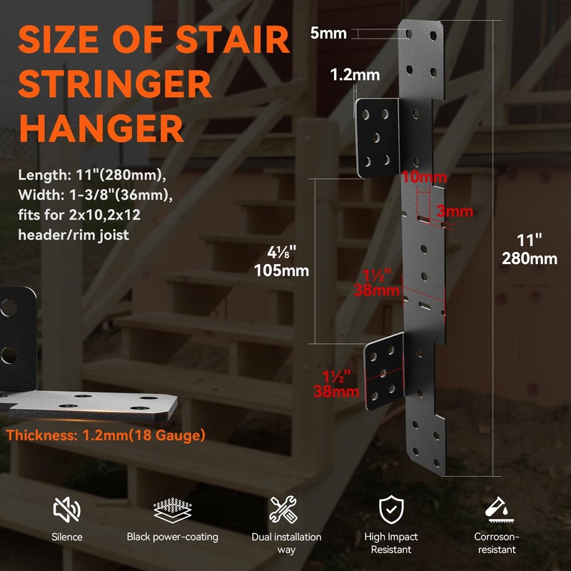 10 Pcs Black Stair Stringer Hanger Bracket, Heavy Duty 18