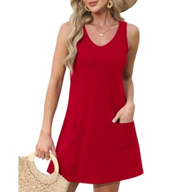 Summer Dresses for Women 2024 Loose V Neck Sleeveless Casual Dress Sundresses with Pockets Plain Red L