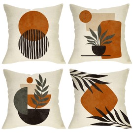 Ussap Boho Abstract Sunset Plant Olive Leaves Decorative Throw Pillow Covers Set of 4, Bohemian Geometry Line Pillowcase Decoration, Minimalist Modern Art Aesthetic Cushion Case Home Decor 16x16