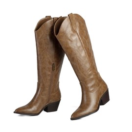 LISYIIZ Westen Cowboy Boots for Women Knee High Gifts Tall Cowgirl Boots with Zip Retro Embroidered Block Heel for Girls Ladies Spring Summer - Brown 6.5 M US