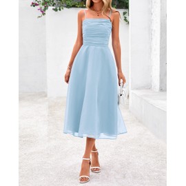 PRETTYGARDEN Womens Summer Dresses 2025 Spaghetti Strap Sleeveless Smocked Flowy Midi Wedding Guest Dress with Pockets(Light Blue,Large)