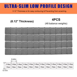 MUQIDA 48PCS 1/4 Oz Adhesive Backed Wheel Weights, 0.25Oz Tire Balancing Wheel Weights with Strong Adhesive, EasyPeel Type Low Profile Tire Weight Strip Box for Car Truck SUV Motorcycle