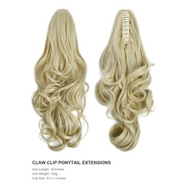 BUYOGET Ponytail Extension Long Curly Wavy Claw Jaw Clip in Synthetic Hairpiece Pony Tail Tale 16 Inches Bleach Blonde
