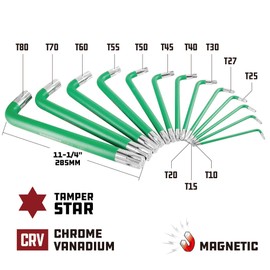 Powerbuilt 13 Piece Tamper Star Jumbo Long Point Magnetic Hex Key Wrench, Allen Hex Key Wrench, T10- T80-941643