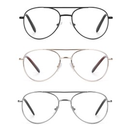EYE ZOOM 3 Pack Aviator Style Metal Frame Blue Light Blocking Reading Glasses (Multi Color, +2.00 Strength)