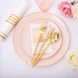 LUODA LUODA MirthMood 210Pcs Pink and Gold Plates, Pink Party Plates, Valentines Plates Includes:30 Pink Dinner Plates, 30 Pink Dessert Plates, 90 Gold Plastic Cutlery with 30 Paper Towels & 30 Gold Cups