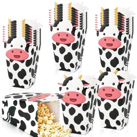 YLOLUL 24Pcs Cow Party Mini Popcorn Boxes Black White Cow Popcorn Bags Cows Theme Favor Bags Treat Candy Boxes for Farm AnimalsTheme Party Supplies