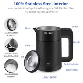 0.6L Small Electric Kettles Stainless Steel, Travel Mini Hot Water Boiler Heater, Double Wall Cool Touch Portable Teapot, Auto Shut-Off & Boil-Dry Protection, 120V/800W, 2 Year Warranty (Black)