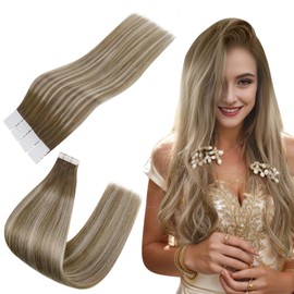 Easyouth #6/60/6 Tape-In Hair Extensions, Real Hair, Ombre Brown, Remy Real Hair, Medium Brown Mix, Platinum Blonde and Medium Brown, 35 cm, 40 g
