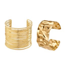 Generisch Gold Cuff Bracelets for Women, Pack of 2 Open Wide Cuff Bracelets, Adjustable Gold Open Bangle Bracelet for Women Girls, Metal