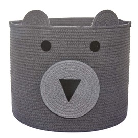 Homearda Cotton Rope Storage Basket with Cute Bear Design, Foldable Rope Bin Basket, Decorative Animal Basket for Toys, Blanket, Towels, Clothes, 16"(D) x 14"(H) -Grey