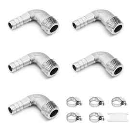 Josaton 5PCS Stainless Steel 90 Degree Elbow Hose Fitting, Hose Barb Fittings 3/8" Barb x 3/8" NPT Elbow Male Adapter for Water/Fuel/Air, with Hose Clamps