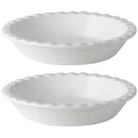 Fun Elements Pie Pan, 9 Inch Ceramic Pie Dish, Deep Dish Pie Pan with Lace Emboss, Ruffled Pie Plate for Baking, Set of 2, White