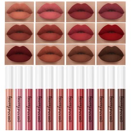 12Pcs Makeup Matte Lipstick Lip Kit, Warm Neutrals & Vintage Reds Non-Stick Cup Not Fade Liquid Lipstick Waterproof Long Lasting Durable Nude Lip Gloss Beauty Cosmetics Gift Box Makeup Set Kit