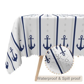 TTQYFNM 60x120inches Nautical Rectangle Tablecloth Navy Blue White Striped Anchor Decorative Table Cloth Waterproof Fabric Table Cover for Kitchen Dining Room Patio Summer Holiday Party Supplies