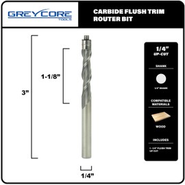 Greycore Spiral Upcut Flush Trim Router Bit, 1/4 Inch Shank – Heavy Duty Pattern Router Bit for Wood Trimming, Great Solid Carbide Router Template Bit (1/4” x 1-1/8” x 3” Upcut)