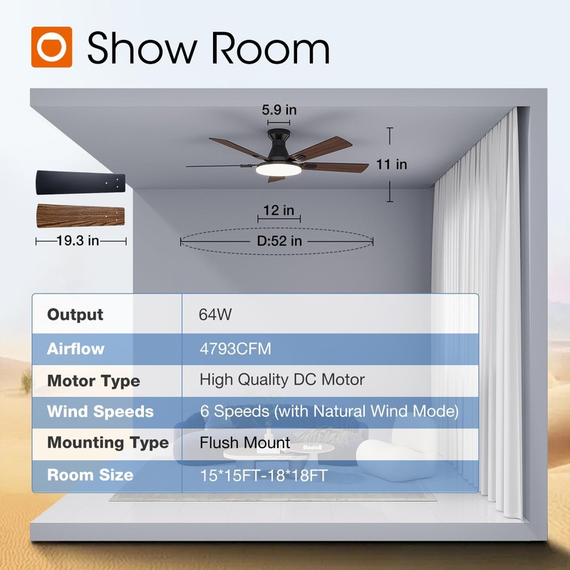 addlon Ceiling Fans with Lights, 52 inch Flush Mount Ceiling
