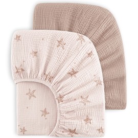 Bearmoss Muslin Crib Sheets - 100% Cotton Baby Crib Sheets Fitted for Standard Crib Mattress & Toddler Bed Mattress 52"x28" Soft Breathable Crib Sheet Neutral for Boys Girls - 2 Pack (Pink Star)