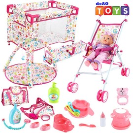 deAO Doll Stroller Nursery Role Play Set with a Variety of Feeding Toy and Play Mat Travel Cot Carrier Stroller and Travel Bag:_Type8