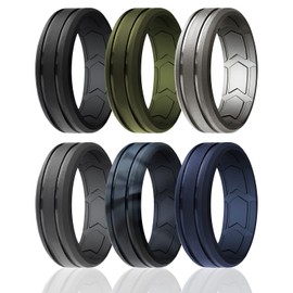 ROQ Silicone Wedding Band for Men - Breathable Silicone Rubber Ring Beveled Edge 2 Lines Duo Design - Inner Arrow Shape Grooves for Enhanced Breathability, 9.5 - 10 (19.8mm), Silicone, No Gemstone