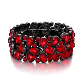 EVER FAITH Women's Art Deco Jewelry for Prom Round Austrian Crystal 3 Layer Teardrop Stretch Bracelet Red Black-Tone